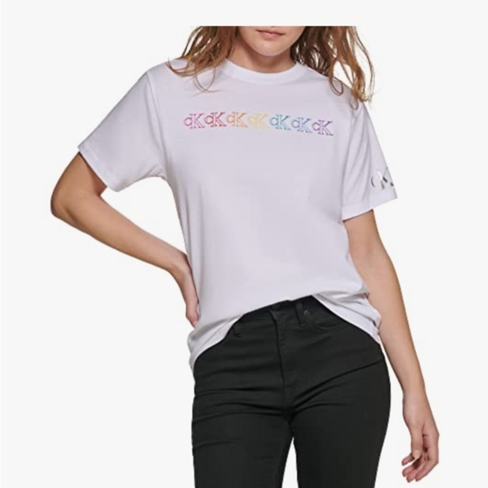 Calvin Klein NWT Sz Small Women's White Tee with Multicolor Logo Ret $39.50
